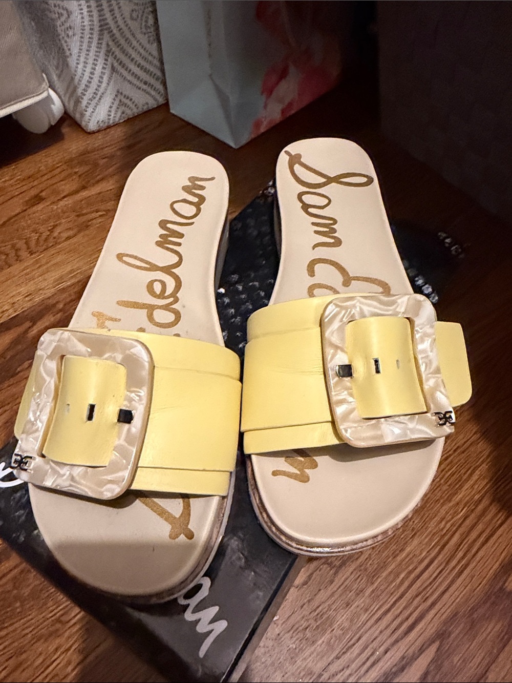 Sam Edelman Yellow Slide Mules with Pearlized Buckles